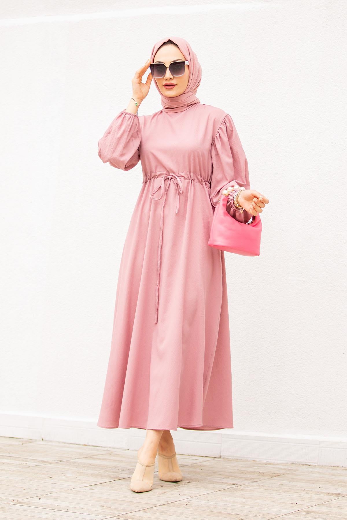 Bel Tünelli Krinkıl Elbise-Pembe