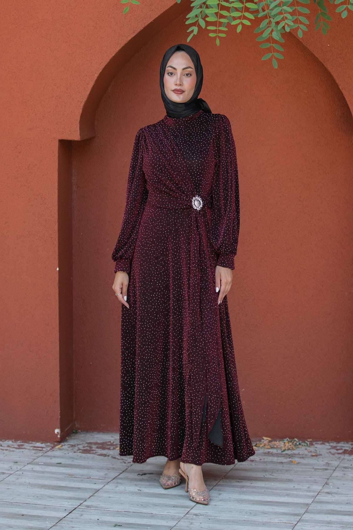 Berin Parıltı Taşlı Lycra Dokulu Abiye Elbise-Bordo