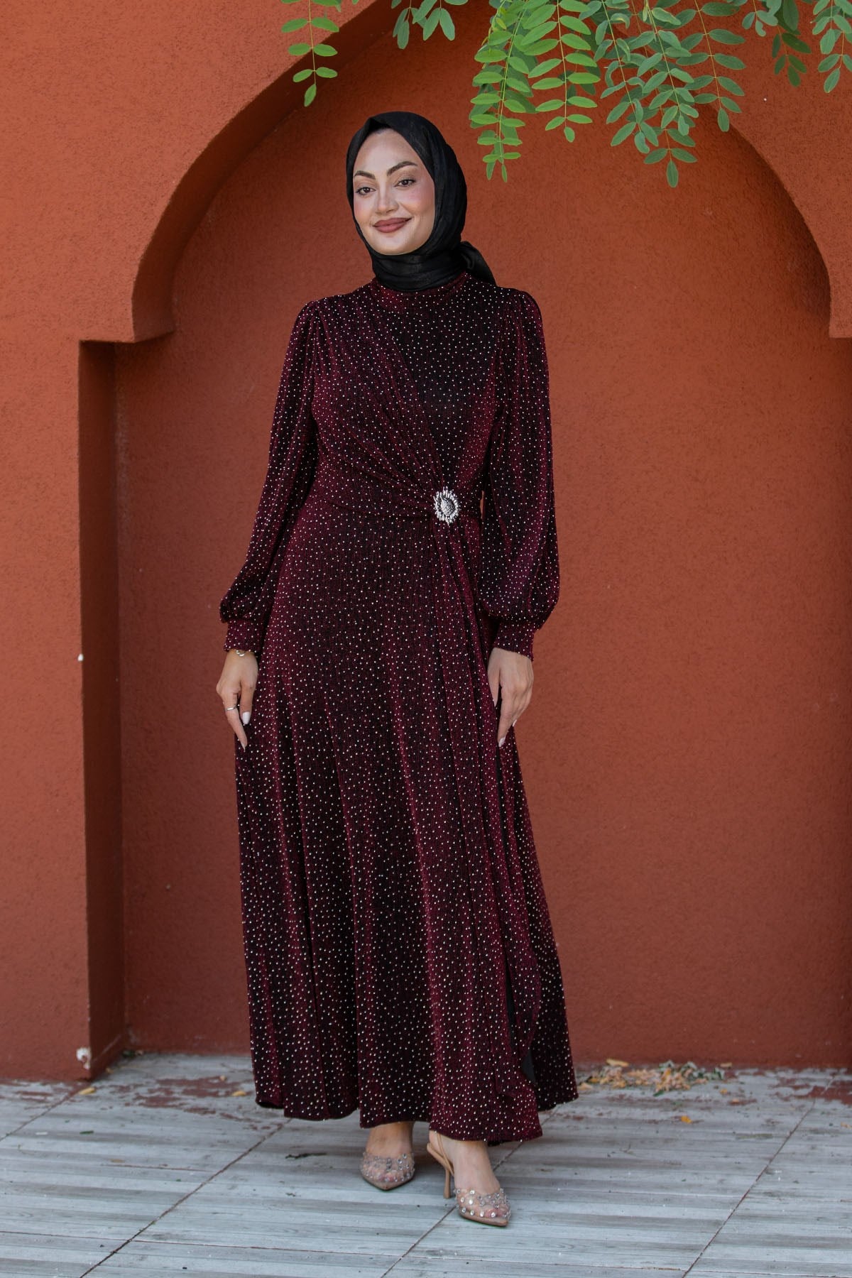Berin Parıltı Taşlı Lycra Dokulu Abiye Elbise-Bordo