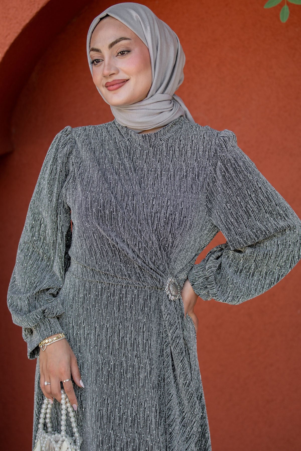 Berin Parıltı Taşlı Lycra Dokulu Abiye Elbise-Gri