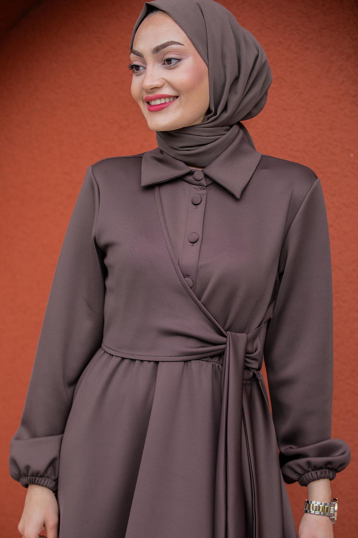 Best Pufy Dalgıç Bağlamalı Elbise-Kahve