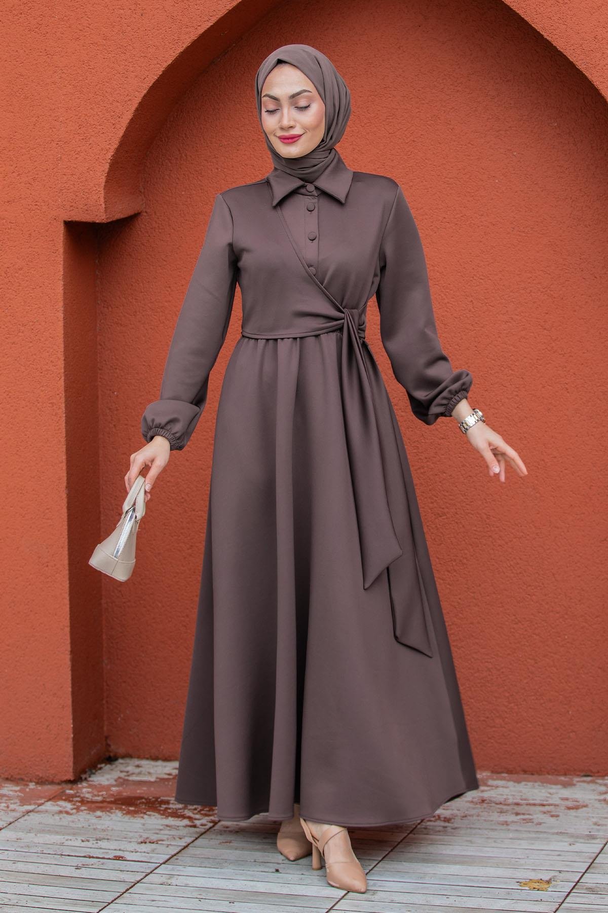 Best Pufy Dalgıç Bağlamalı Elbise-Kahve