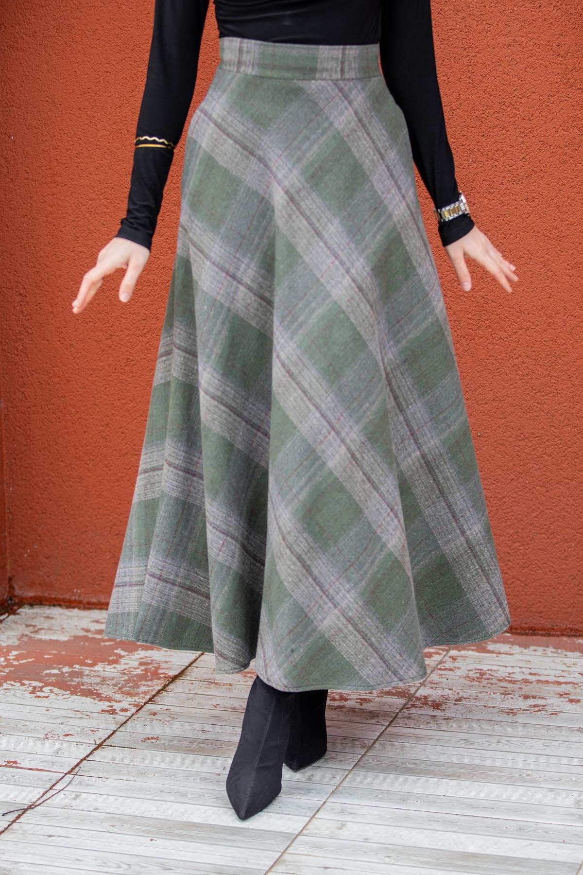 Biss Cep Detaylı Ekose Etek-Haki