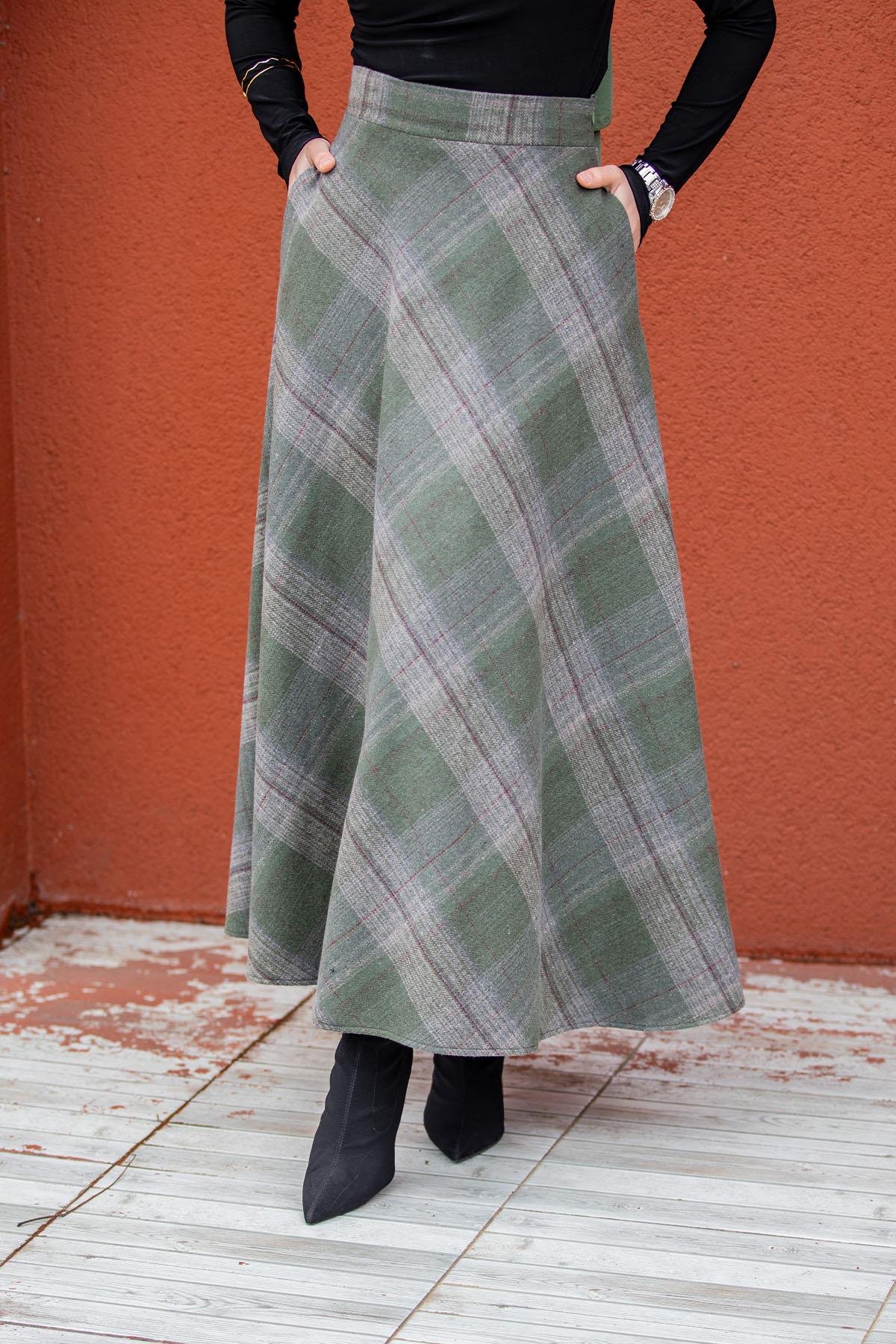 Biss Cep Detaylı Ekose Etek-Haki