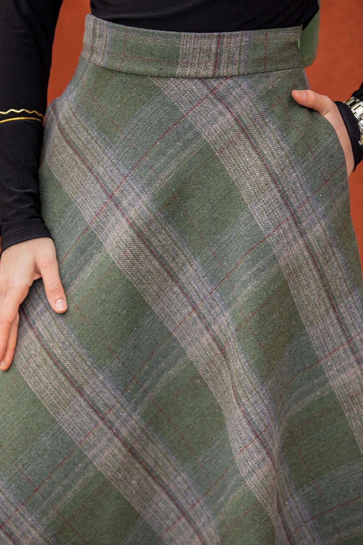 Biss Cep Detaylı Ekose Etek-Haki