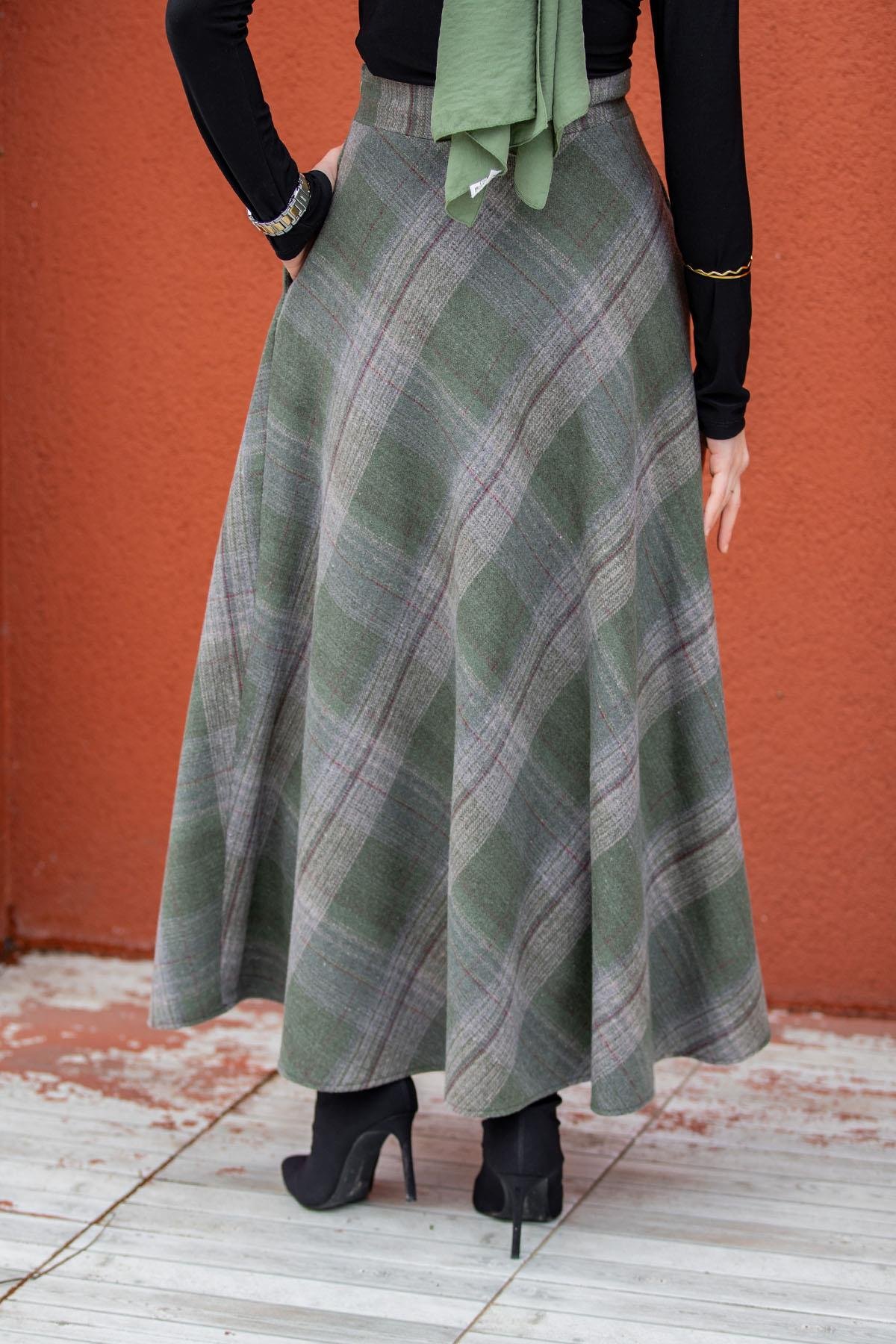 Biss Cep Detaylı Ekose Etek-Haki