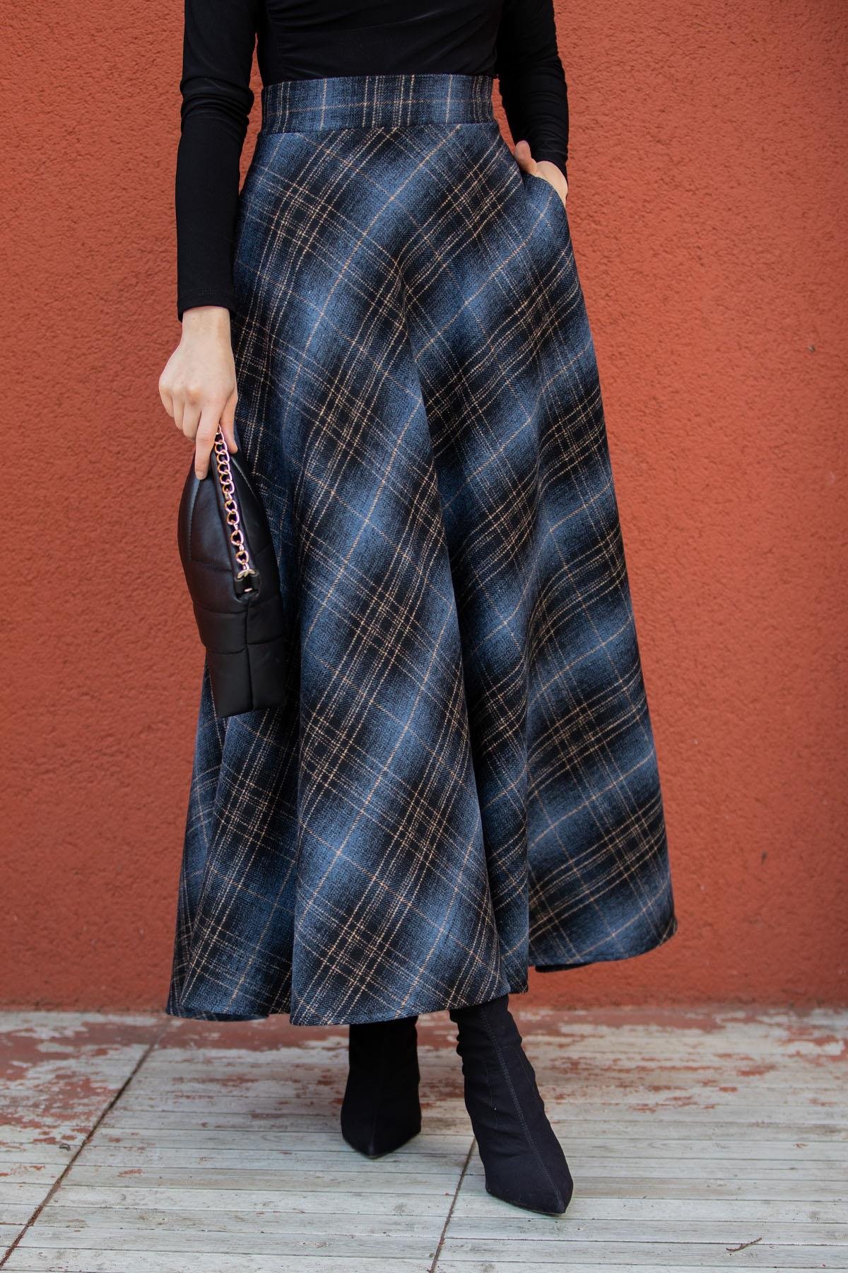 Biss Cep Detaylı Ekose Etek-Lacivert