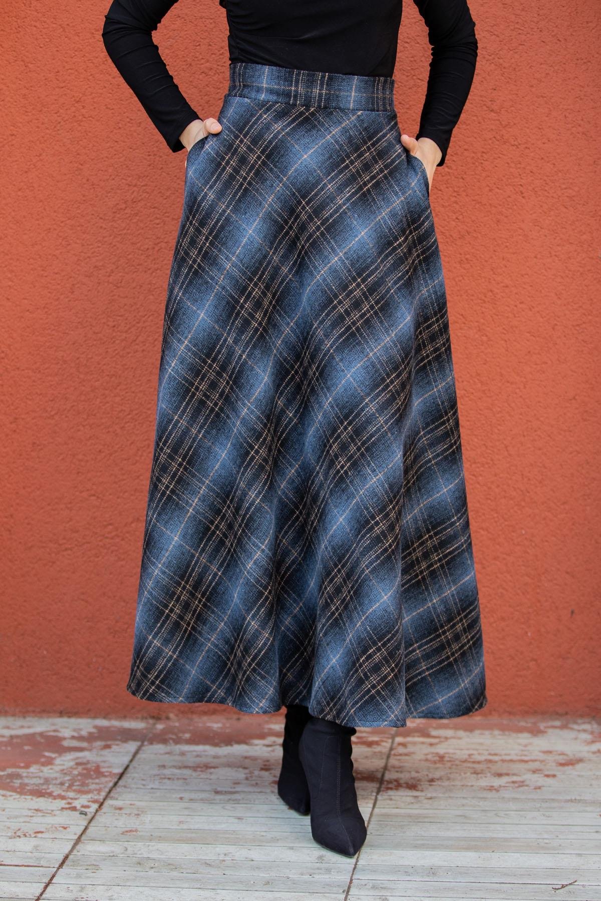 Biss Cep Detaylı Ekose Etek-Lacivert