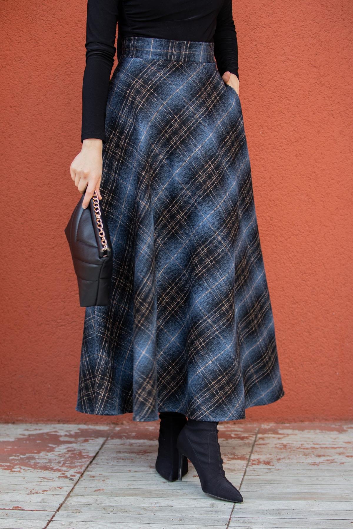 Biss Cep Detaylı Ekose Etek-Lacivert