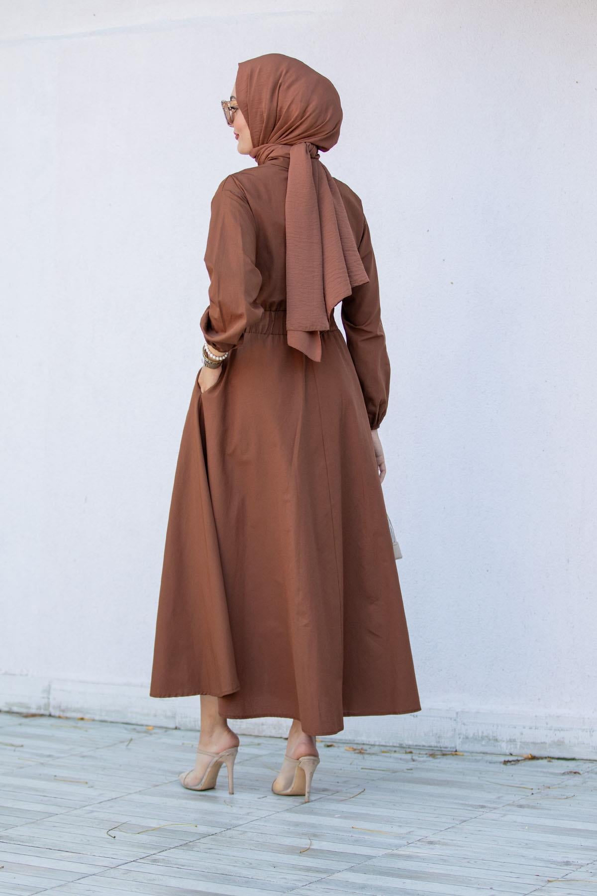 Boydan Düğmeli Pamuk Cotton Elbise-Kahve