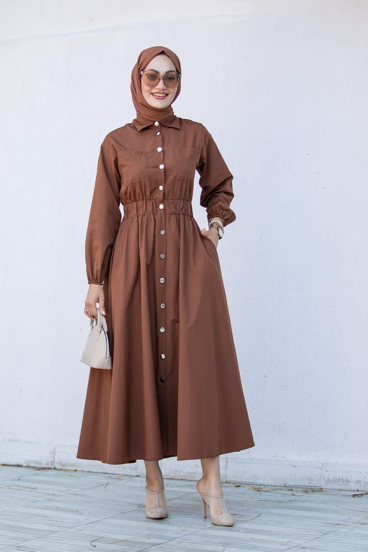Boydan Düğmeli Pamuk Cotton Elbise-Kahve