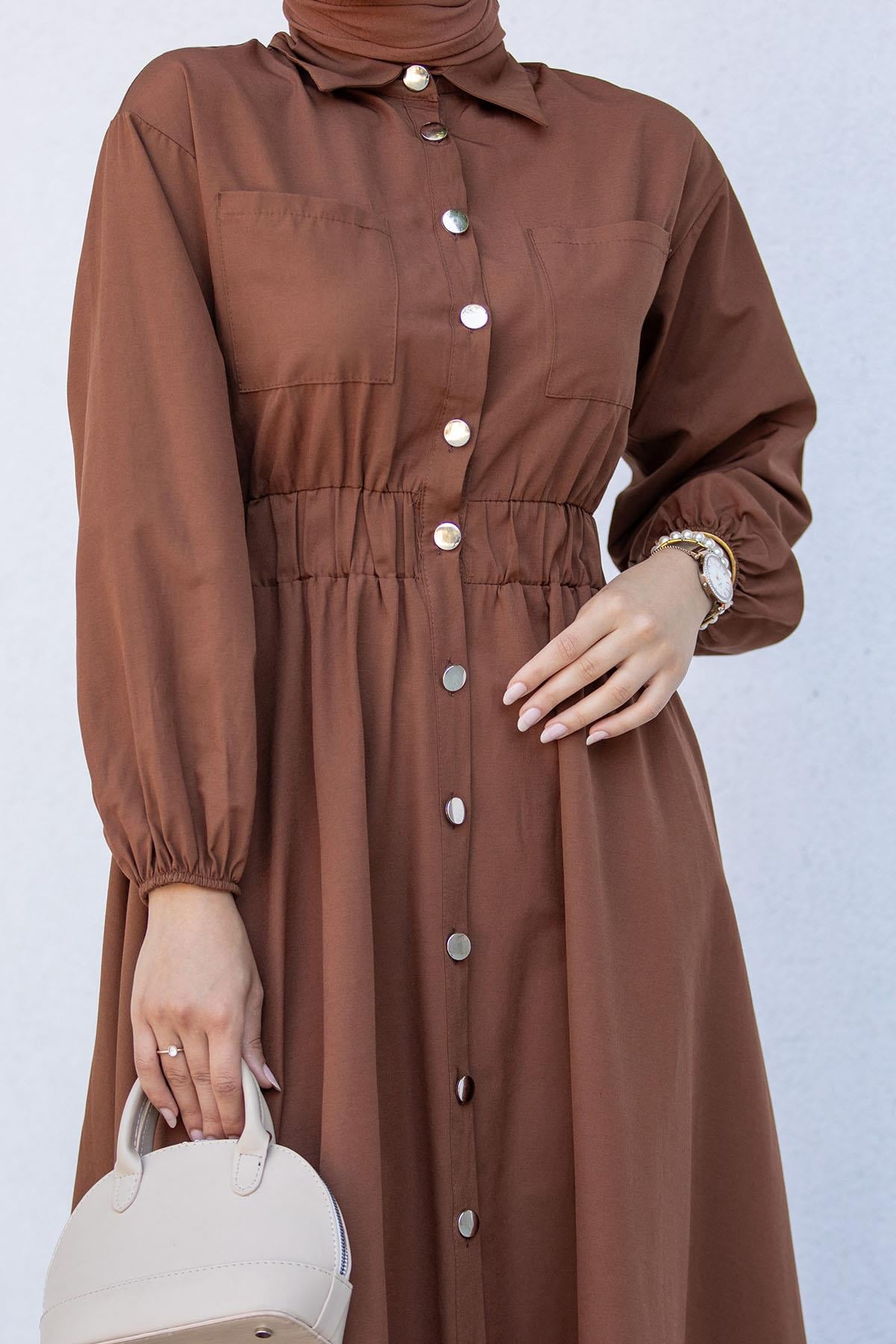 Boydan Düğmeli Pamuk Cotton Elbise-Kahve