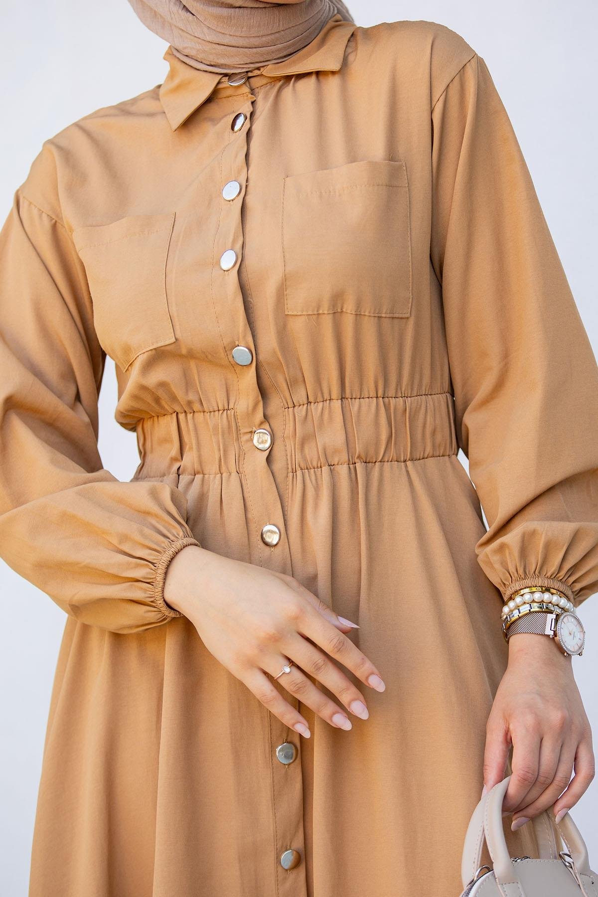 Boydan Düğmeli Pamuk Cotton Elbise-Taba
