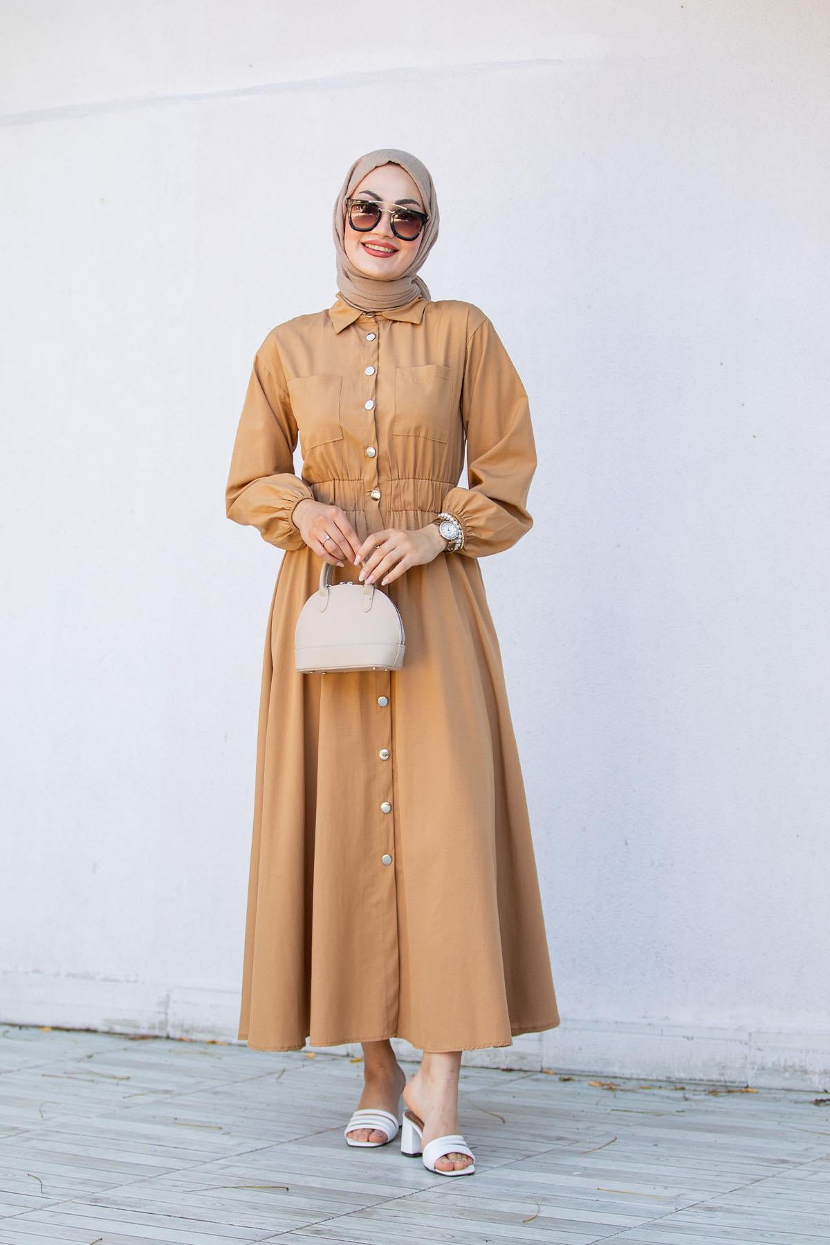 Boydan Düğmeli Pamuk Cotton Elbise-Taba