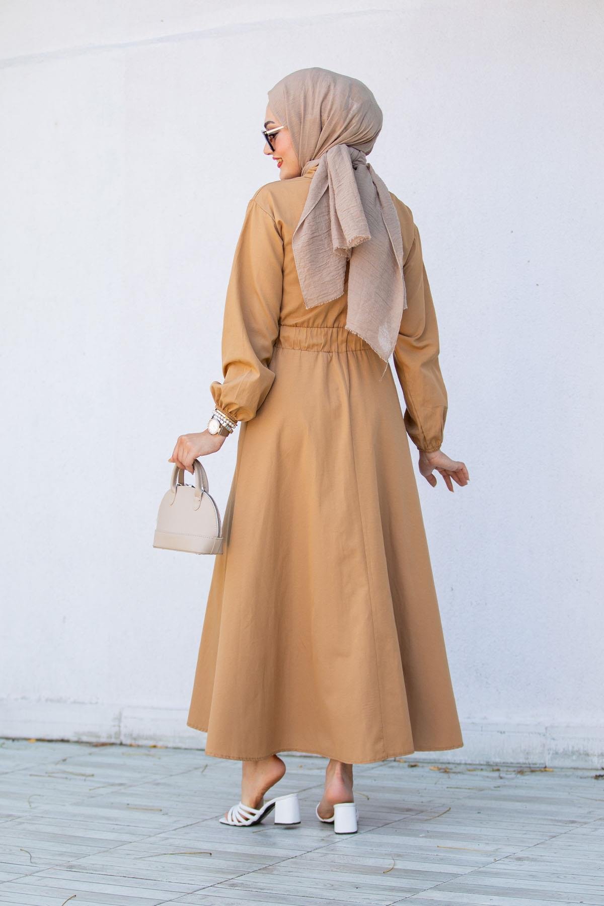 Boydan Düğmeli Pamuk Cotton Elbise-Taba