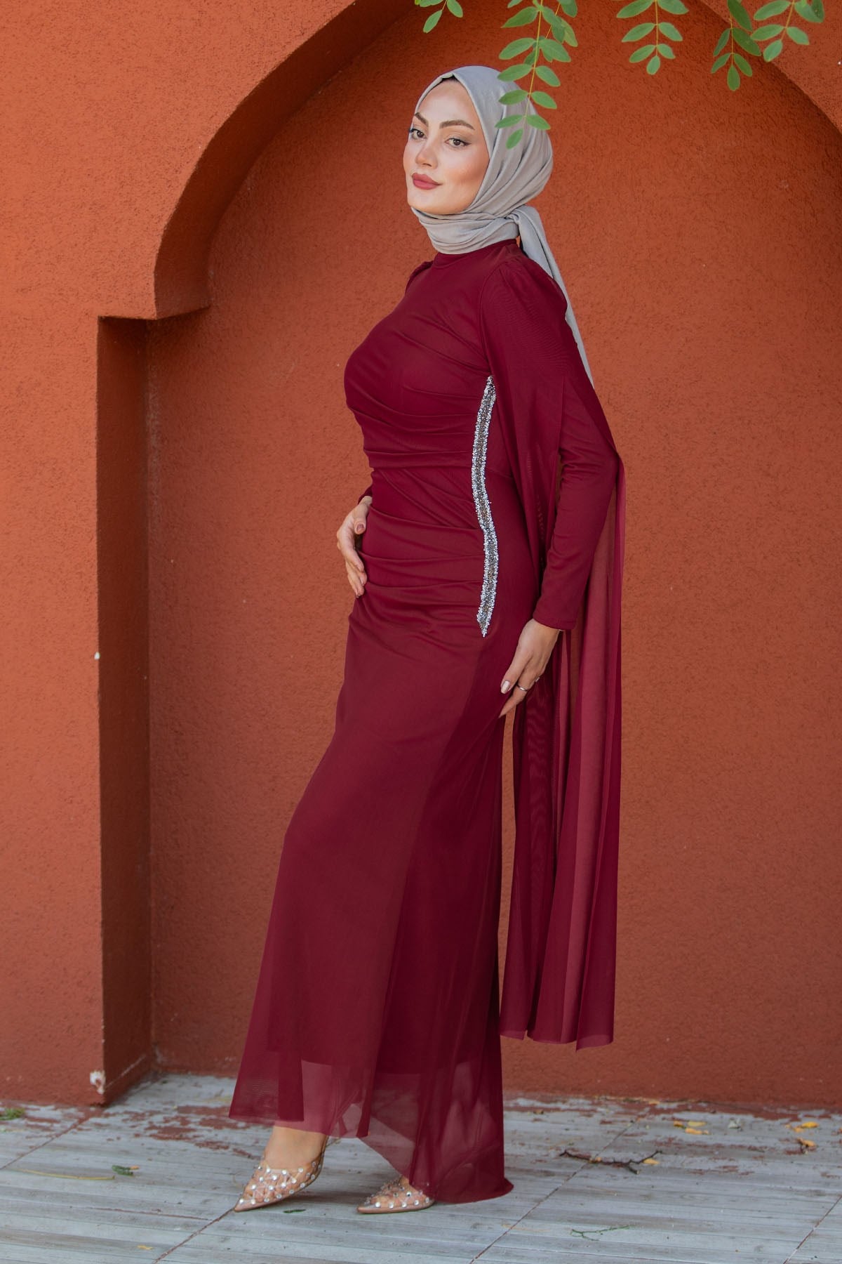 Ceyli Lycra Tül Drapeli Abiye-Bordo