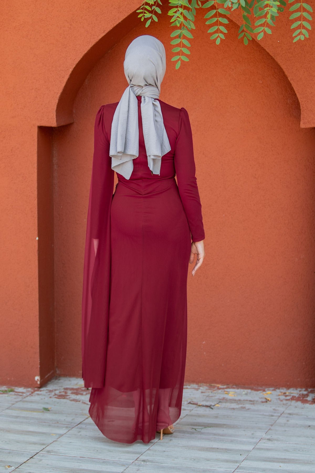 Ceyli Lycra Tül Drapeli Abiye-Bordo