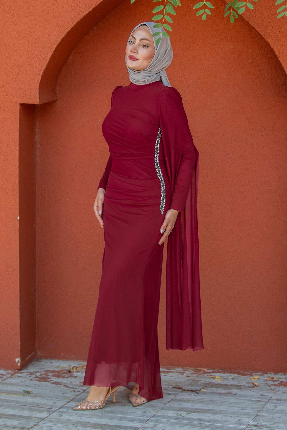 Ceyli Lycra Tül Drapeli Abiye-Bordo