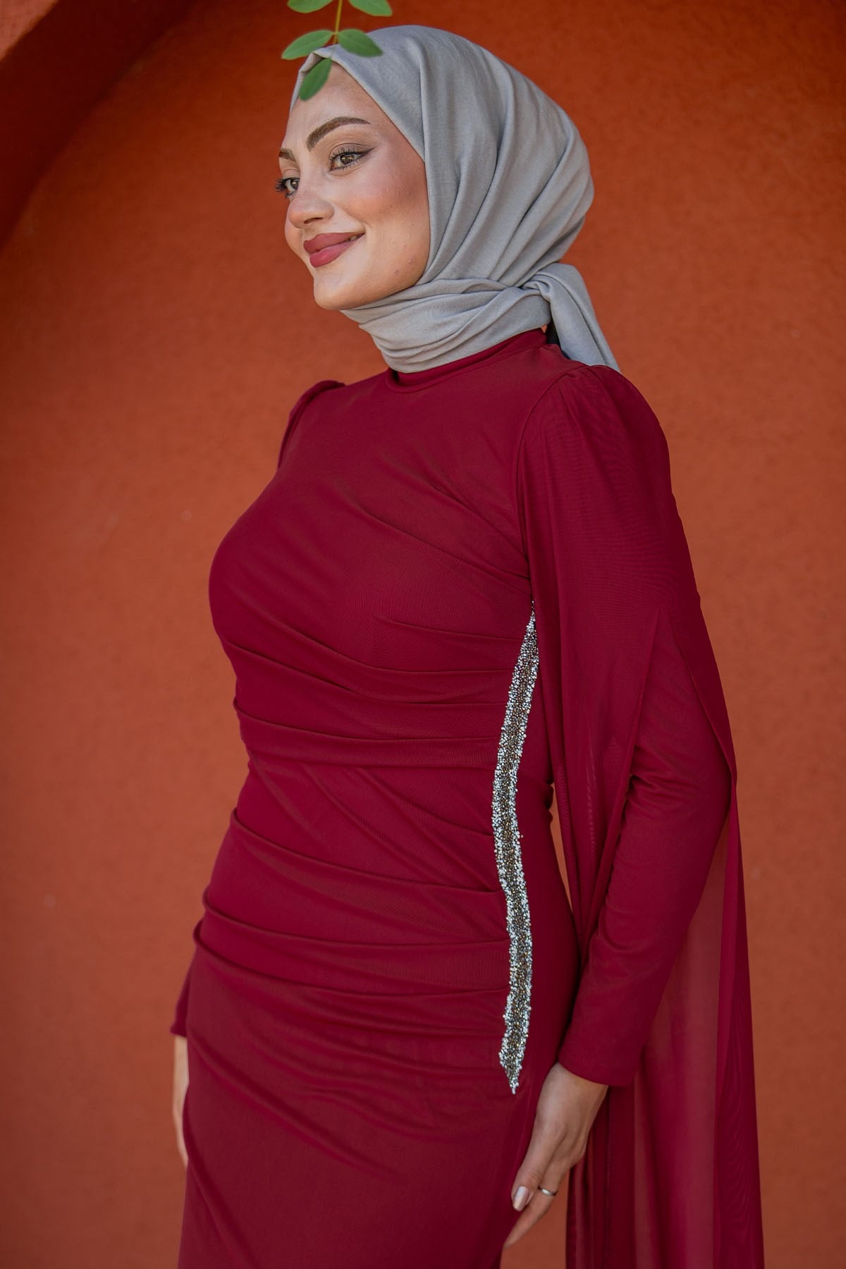 Ceyli Lycra Tül Drapeli Abiye-Bordo