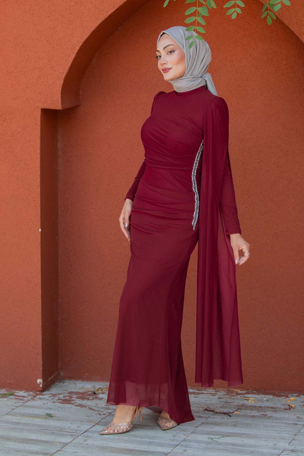 Ceyli Lycra Tül Drapeli Abiye-Bordo