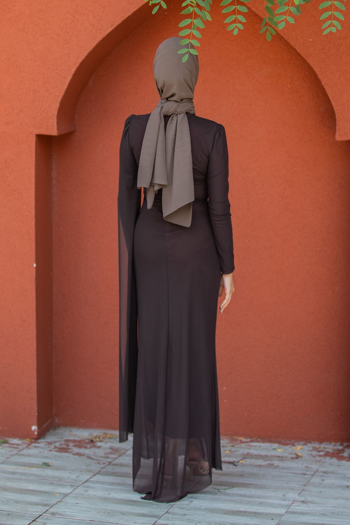 Ceyli Lycra Tül Drapeli Abiye-Kahve