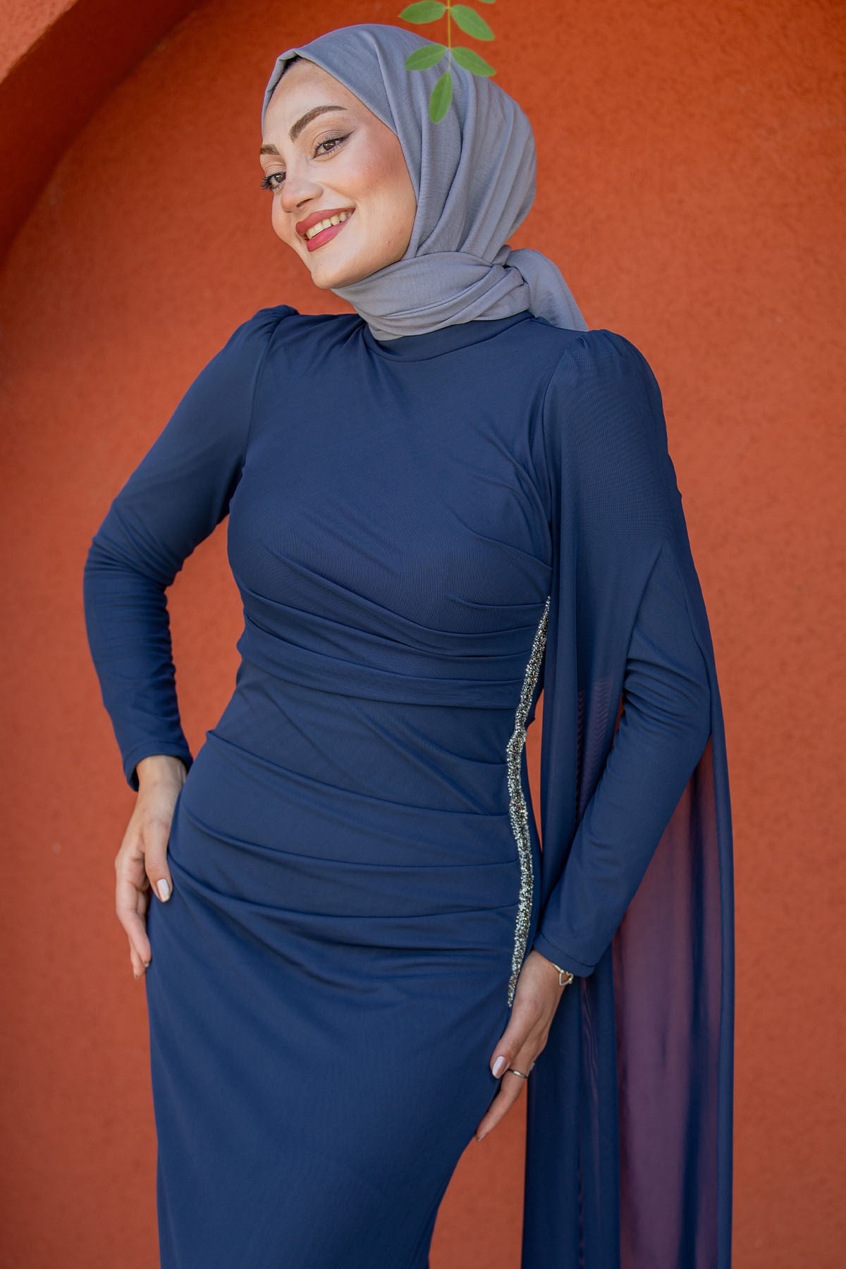Ceyli Lycra Tül Drapeli Abiye-Laci
