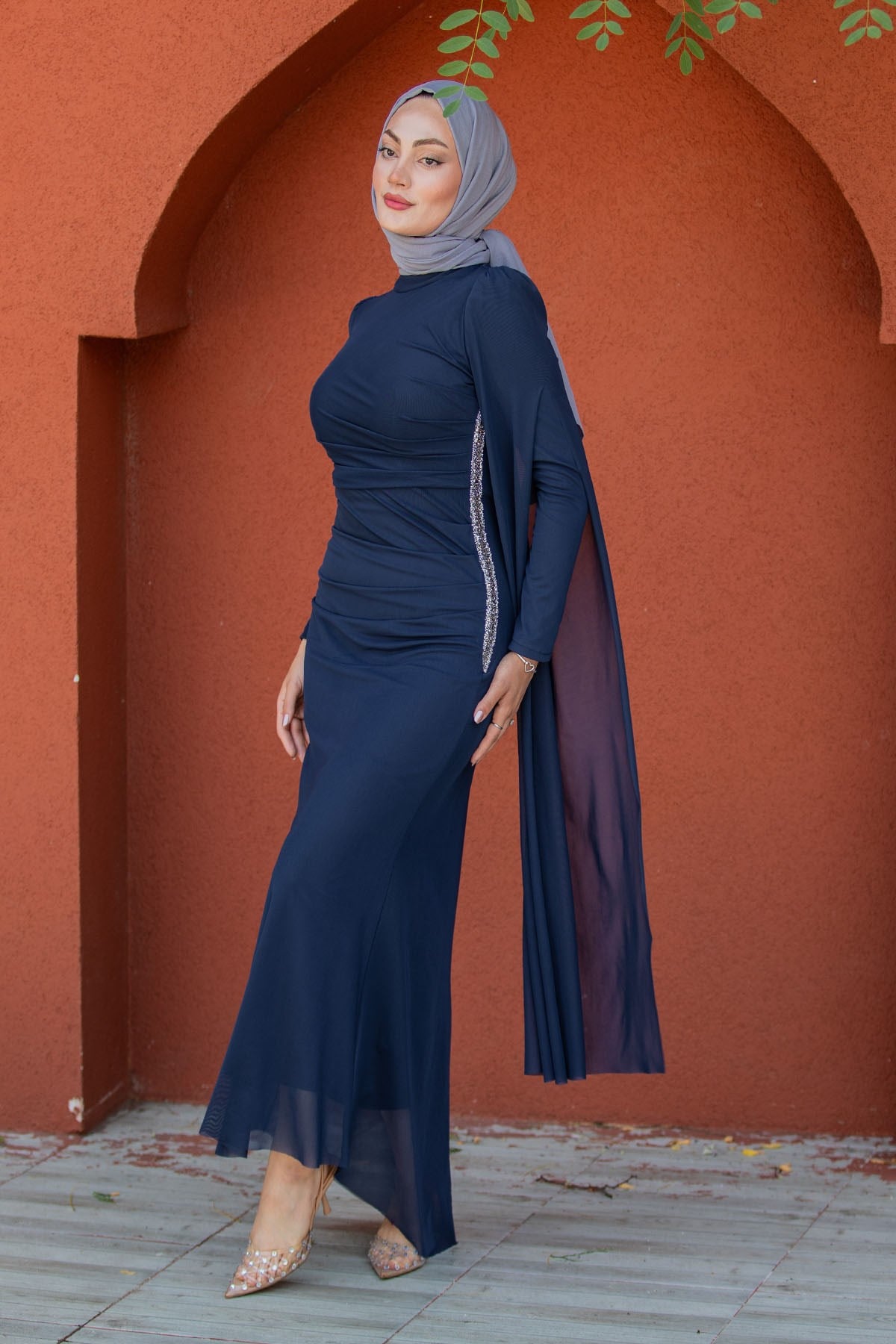 Ceyli Lycra Tül Drapeli Abiye-Laci