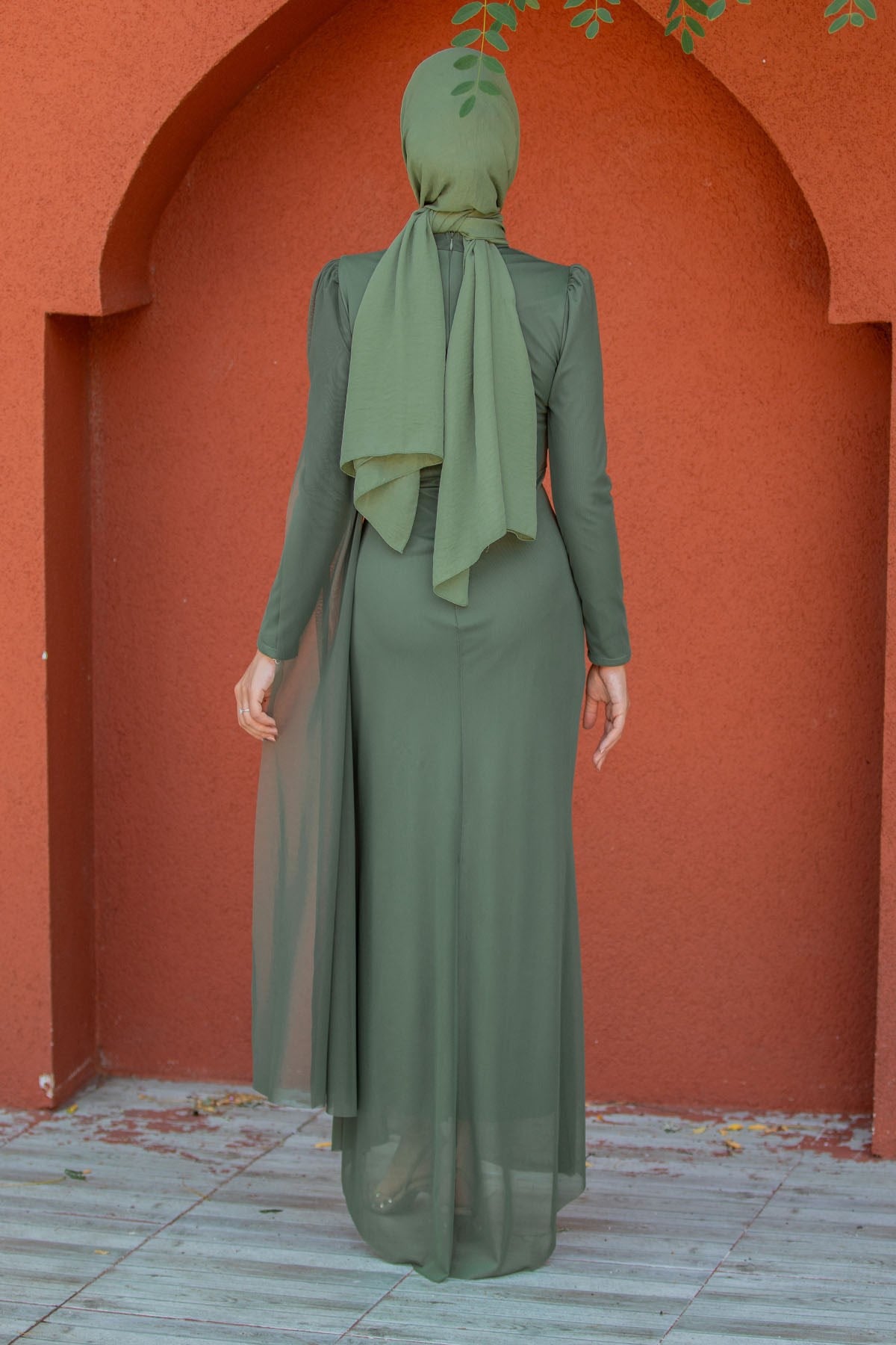 Ceyli Lycra Tül Drapeli Abiye-Mint