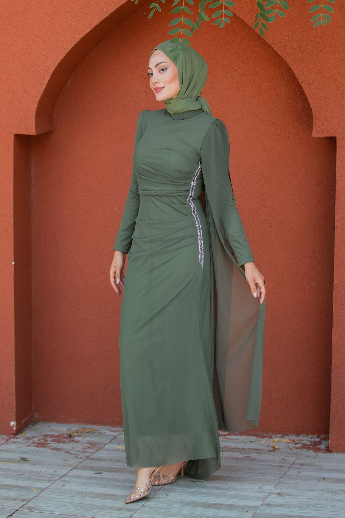 Ceyli Lycra Tül Drapeli Abiye-Mint