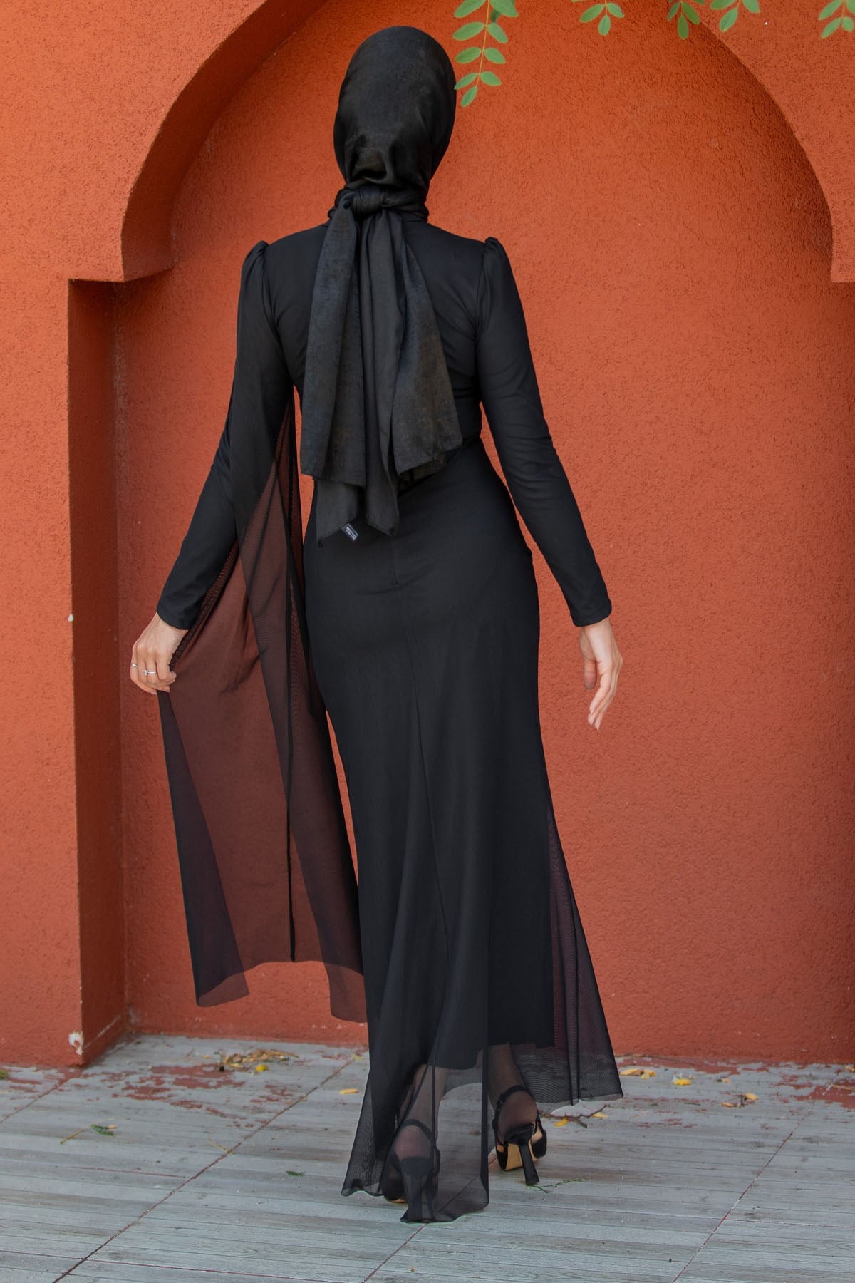 Ceyli Lycra Tül Drapeli Abiye-Siyah