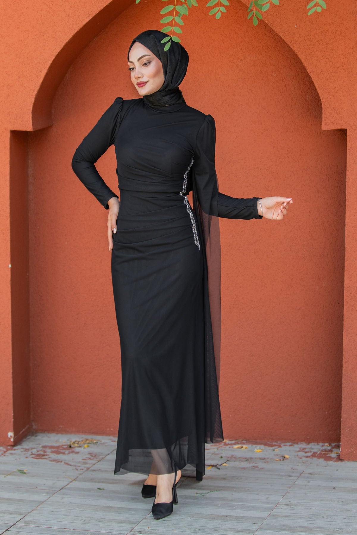 Ceyli Lycra Tül Drapeli Abiye-Siyah