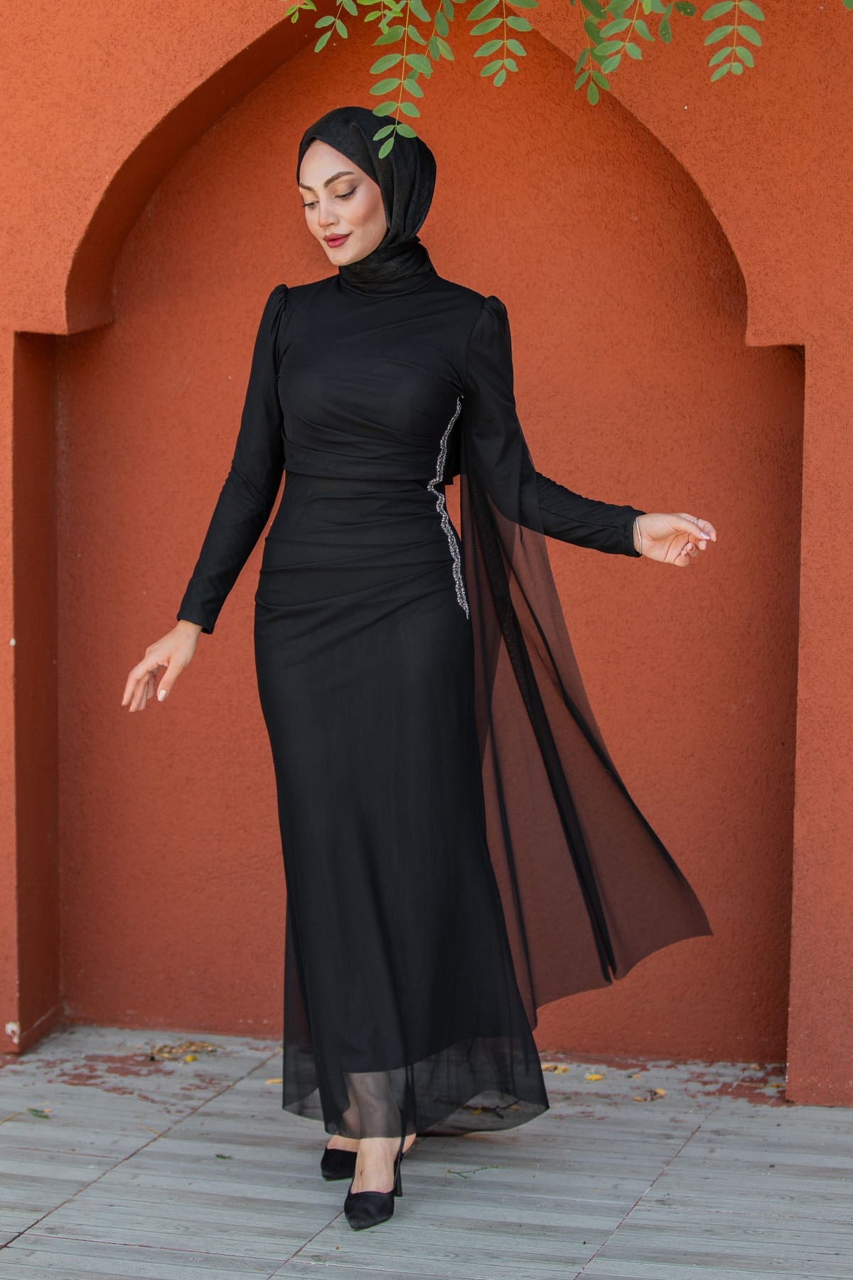 Ceyli Lycra Tül Drapeli Abiye-Siyah