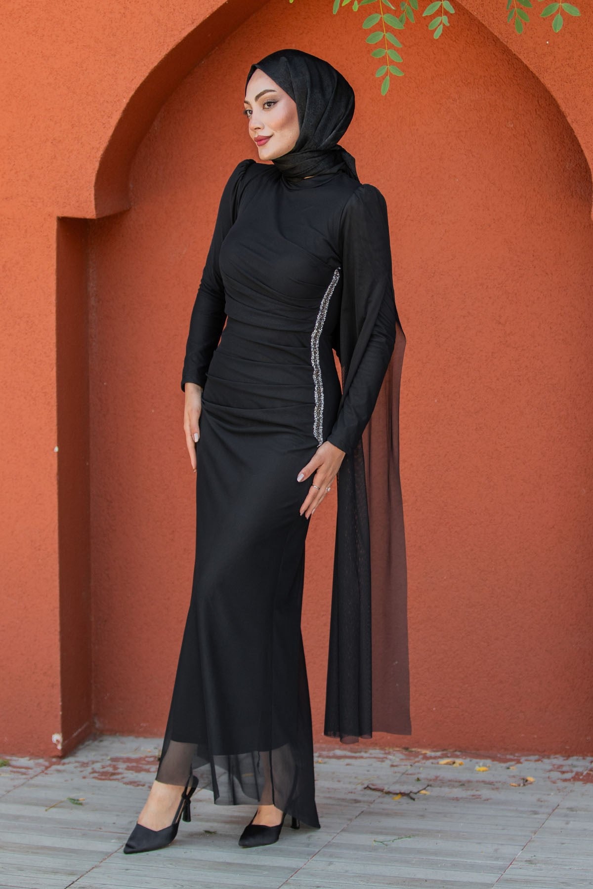 Ceyli Lycra Tül Drapeli Abiye-Siyah