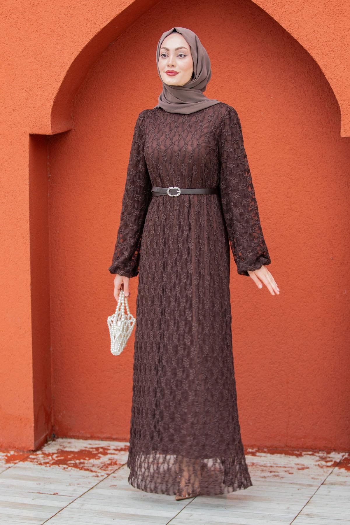 Dantel Dokuma Kemerli Elbise-Kahve