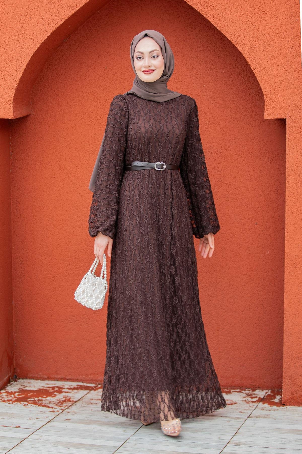 Dantel Dokuma Kemerli Elbise-Kahve