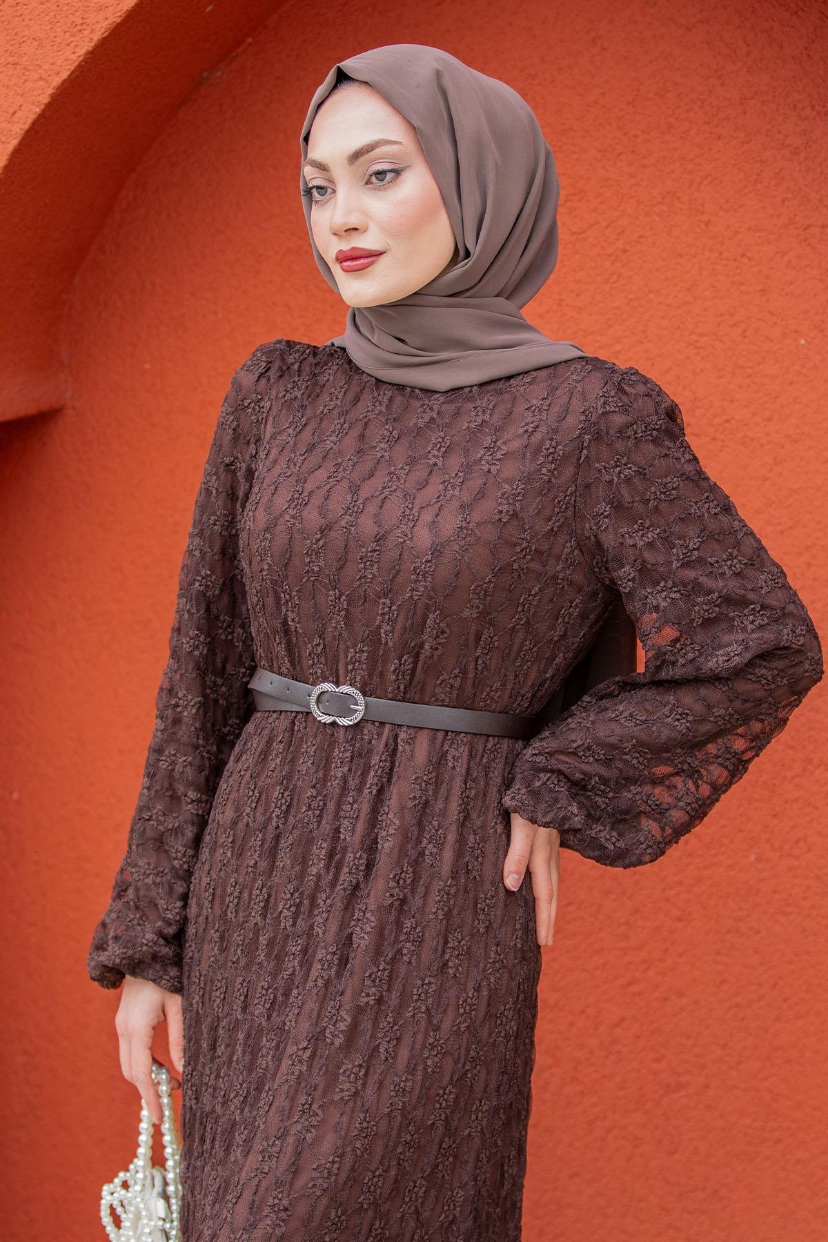 Dantel Dokuma Kemerli Elbise-Kahve