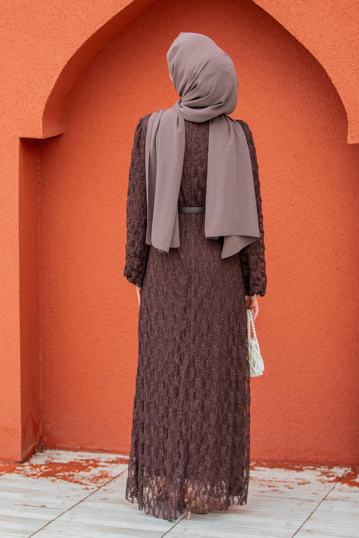 Dantel Dokuma Kemerli Elbise-Kahve