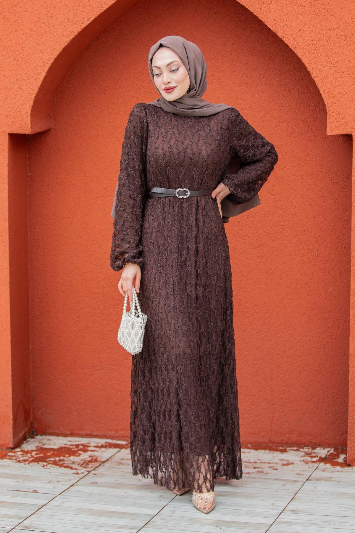 Dantel Dokuma Kemerli Elbise-Kahve