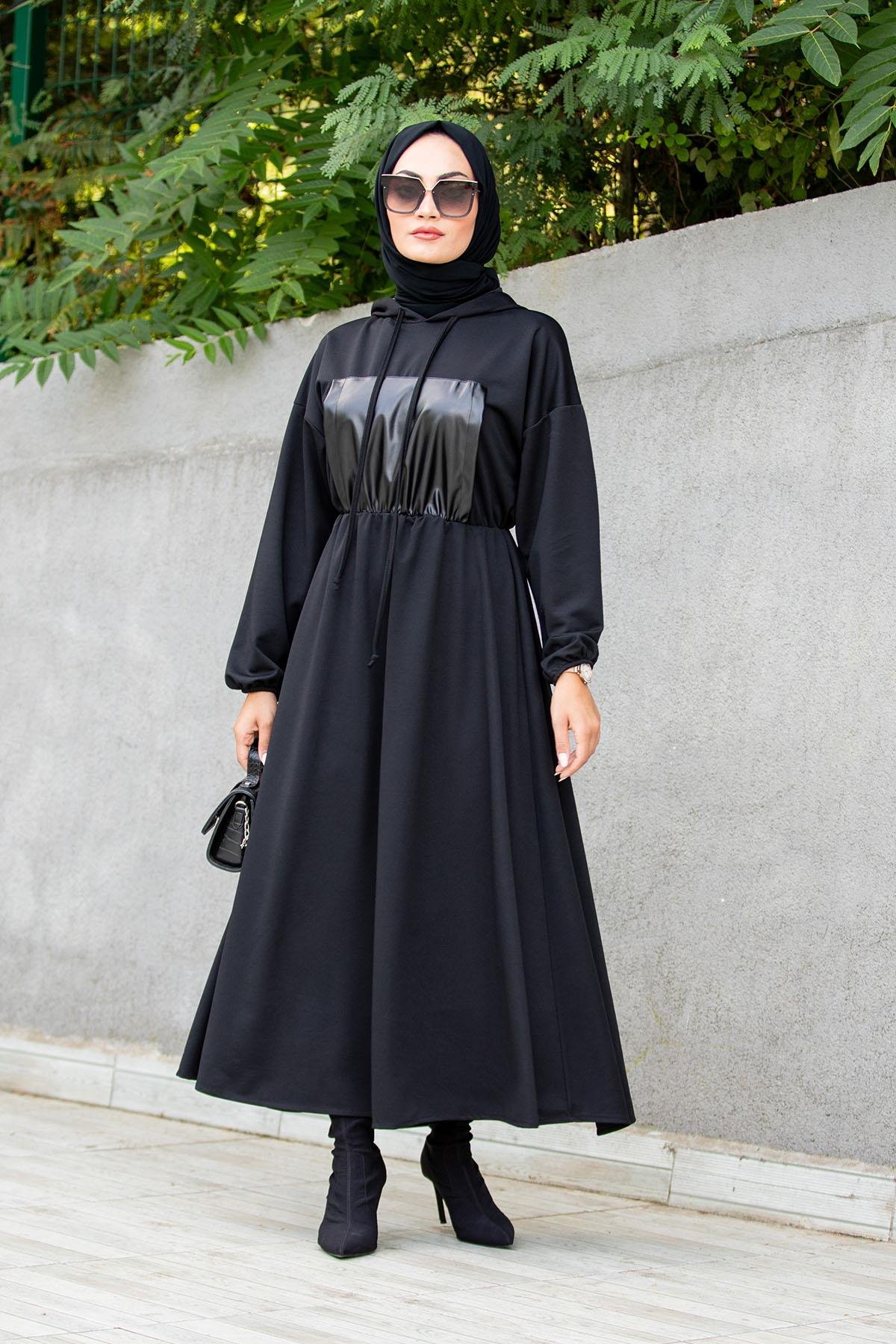 Deri Kanguru Cepli Scuba Elbise-Siyah