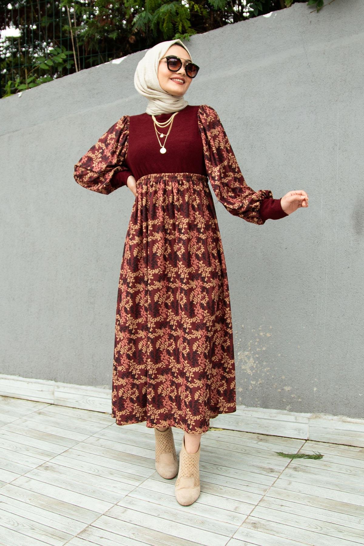 Desenli Kadife Kışlık Elbise-Bordo