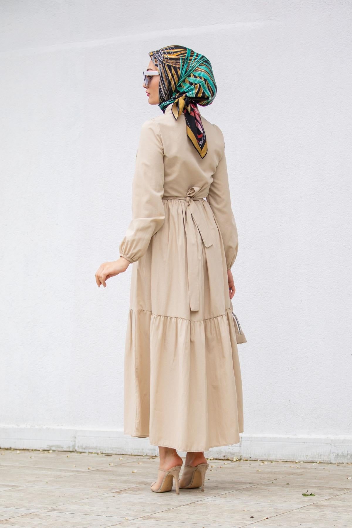 Düğmeli Pamuk Cotton Elbise-Bej