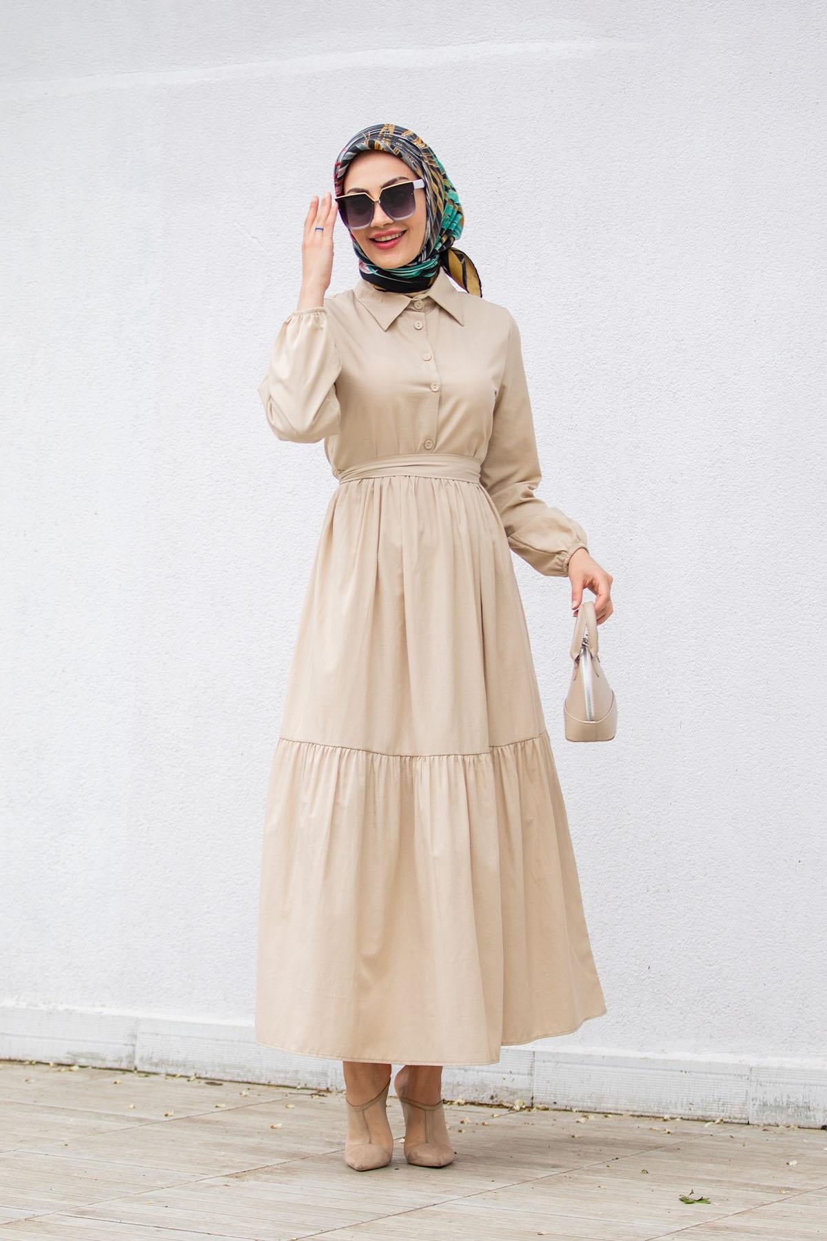 Düğmeli Pamuk Cotton Elbise-Bej