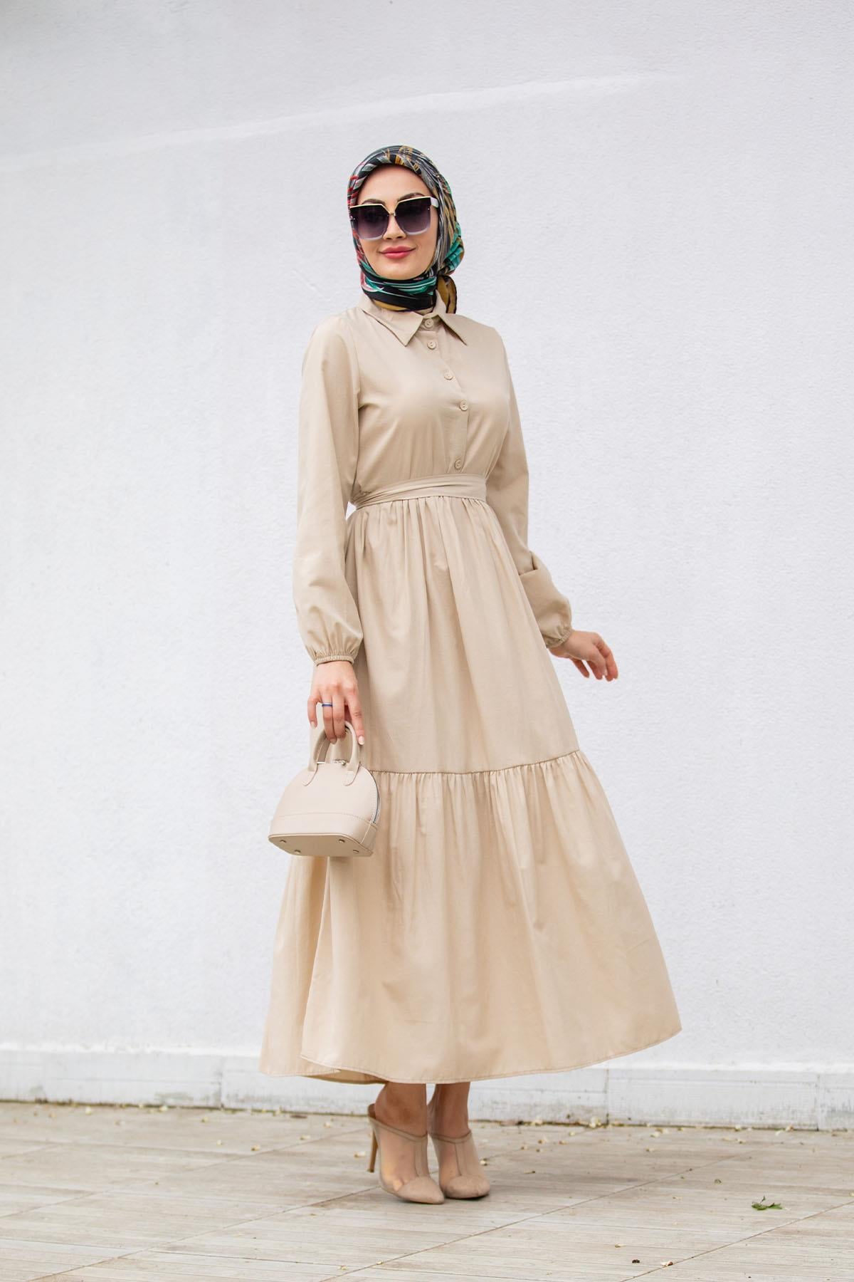 Düğmeli Pamuk Cotton Elbise-Bej