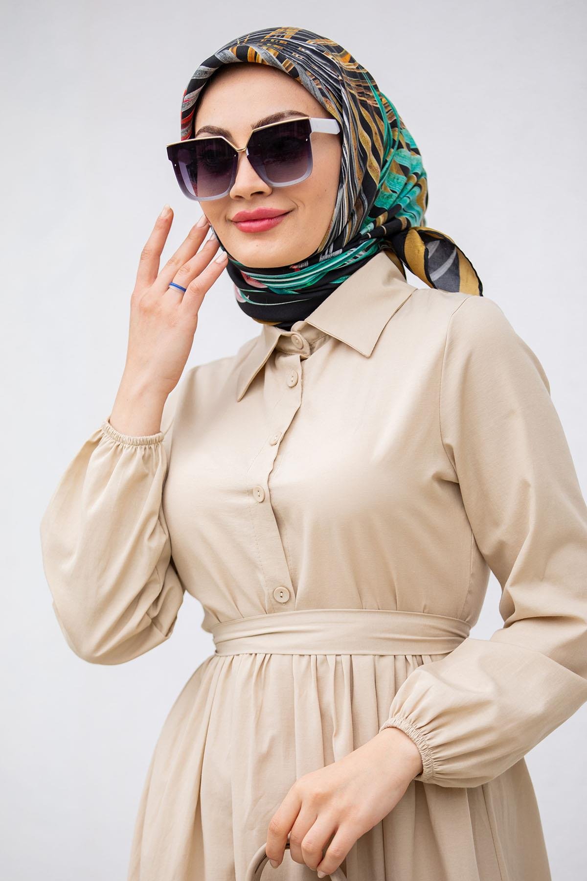 Düğmeli Pamuk Cotton Elbise-Bej