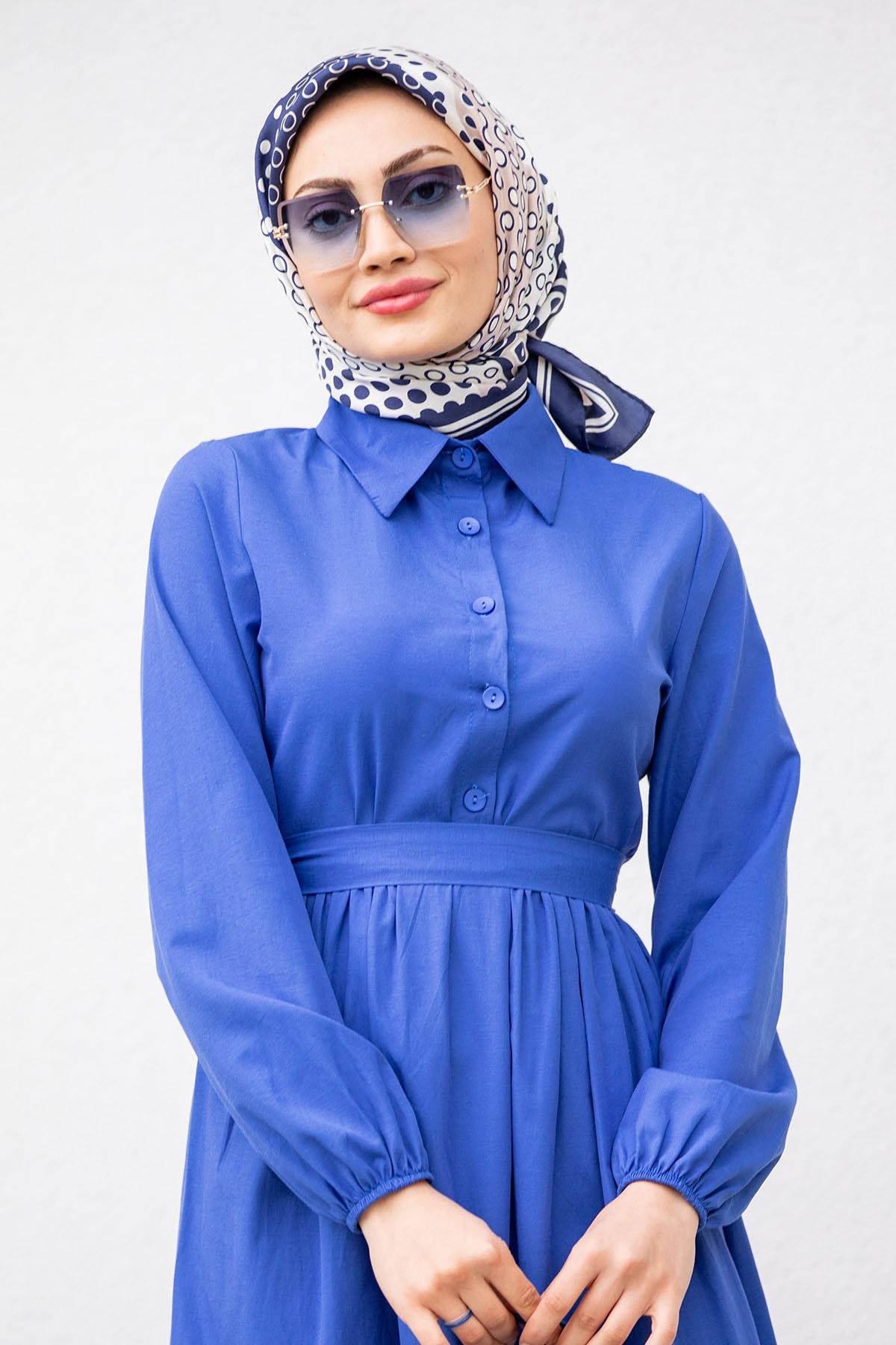 Düğmeli Pamuk Cotton Elbise-İndigo