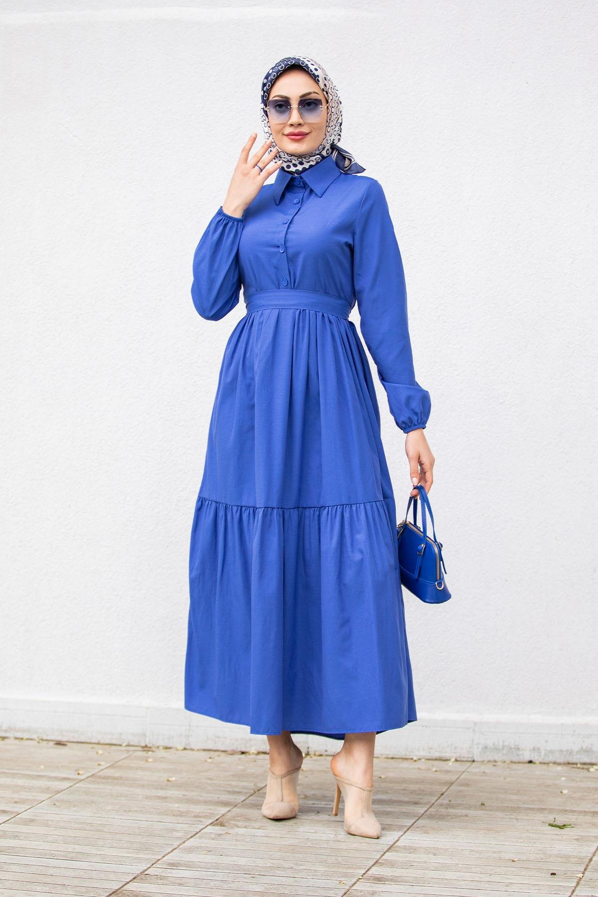 Düğmeli Pamuk Cotton Elbise-İndigo