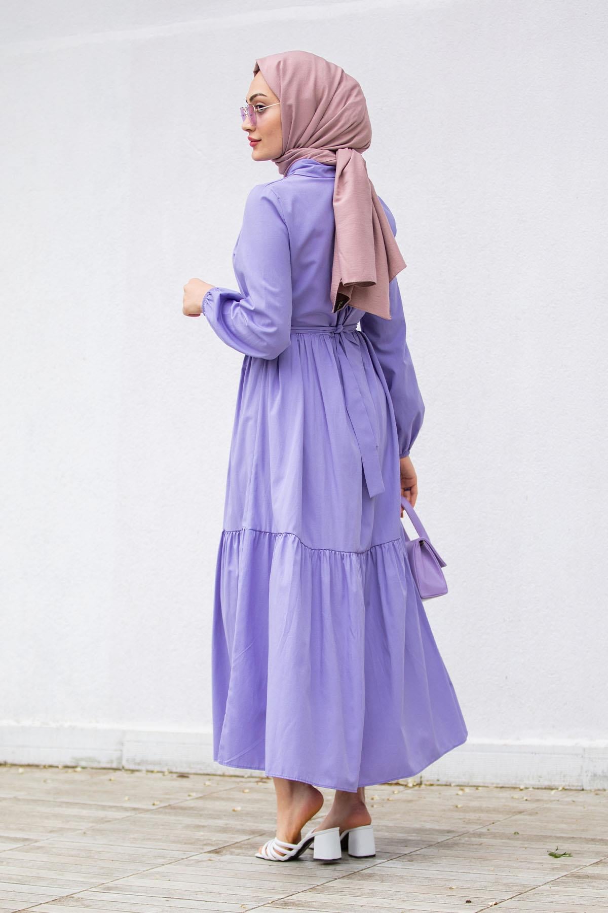 Düğmeli Pamuk Cotton Elbise-Lila
