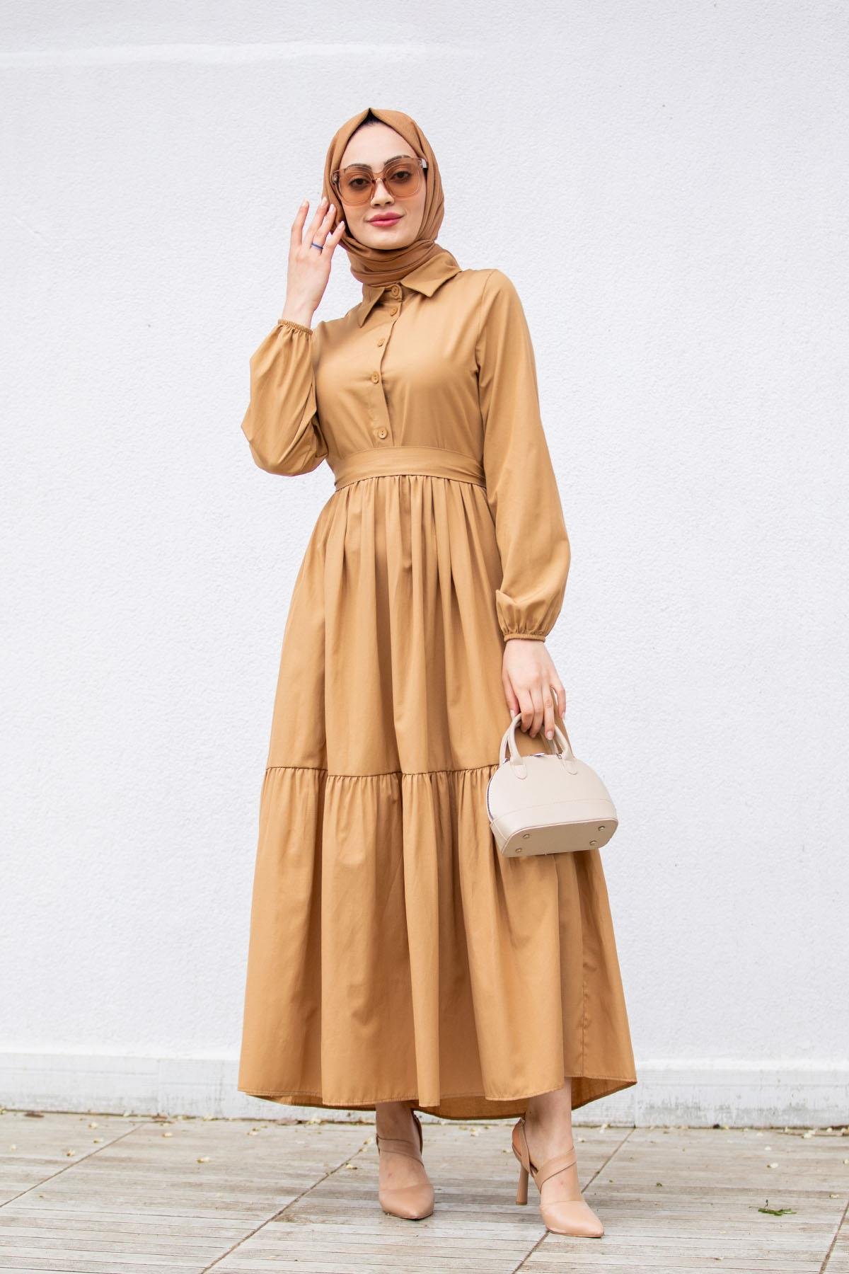 Düğmeli Pamuk Cotton Elbise-Taba