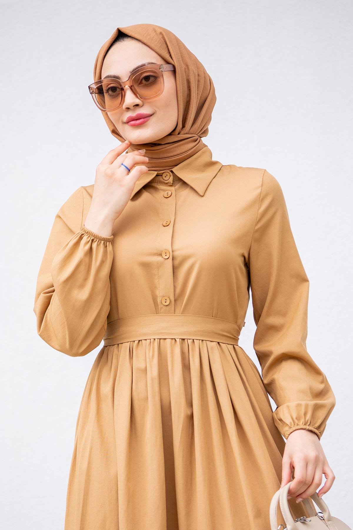Düğmeli Pamuk Cotton Elbise-Taba