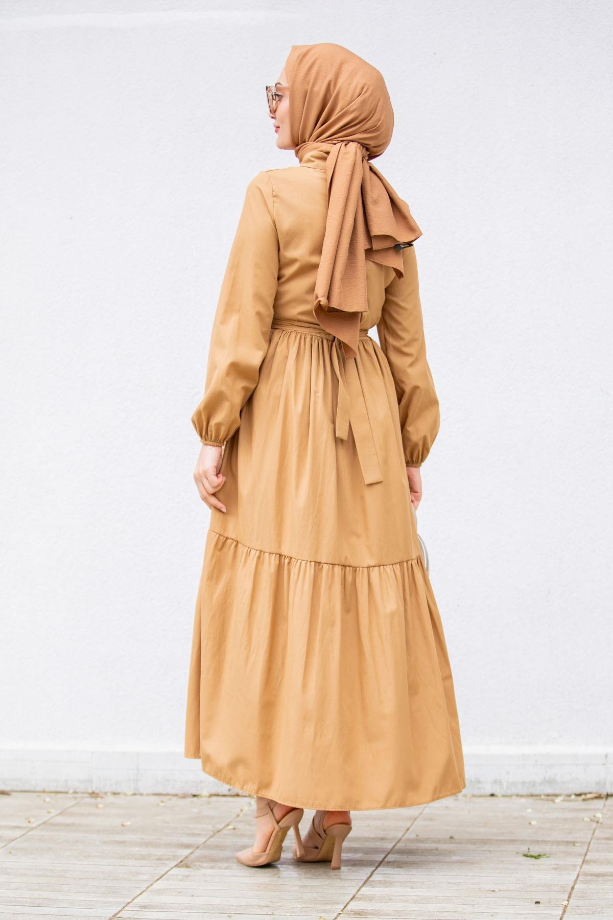 Düğmeli Pamuk Cotton Elbise-Taba